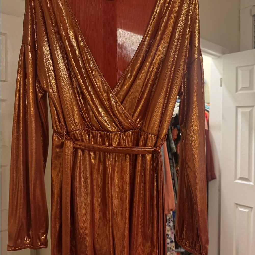 YOINS Shiny Copper Long Sleeve Dress